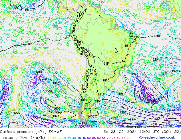 Isotaca (kph) ECMWF sáb 28.09.2024 12 UTC