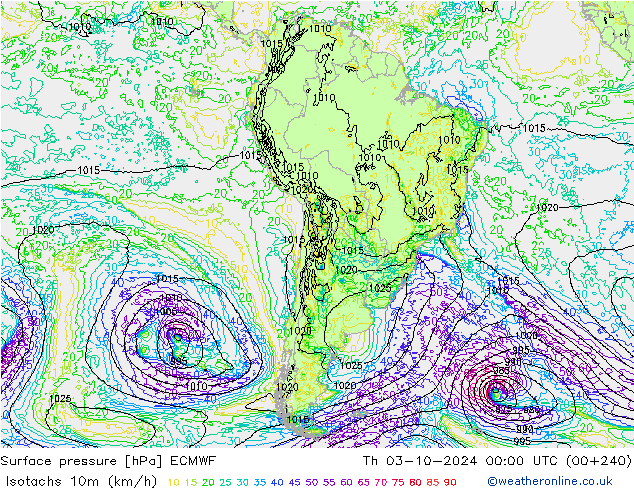 Isotaca (kph) ECMWF jue 03.10.2024 00 UTC