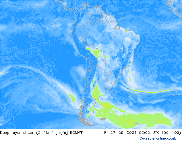 Deep layer shear (0-1km) ECMWF ven 27.09.2024 06 UTC