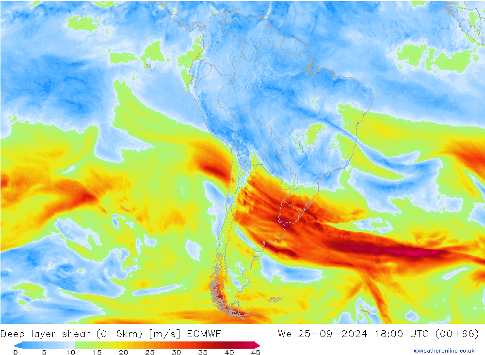 Deep layer shear (0-6km) ECMWF wo 25.09.2024 18 UTC