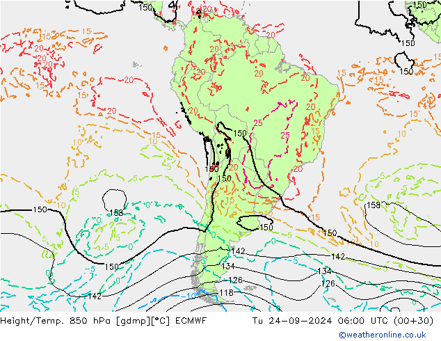 Géop./Temp. 850 hPa ECMWF mar 24.09.2024 06 UTC