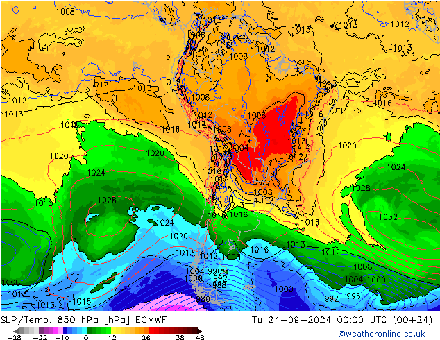 SLP/Temp. 850 hPa ECMWF mar 24.09.2024 00 UTC