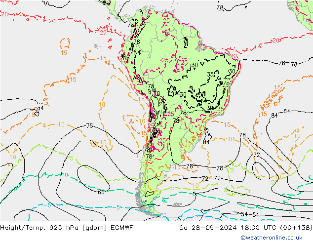 Géop./Temp. 925 hPa ECMWF sam 28.09.2024 18 UTC