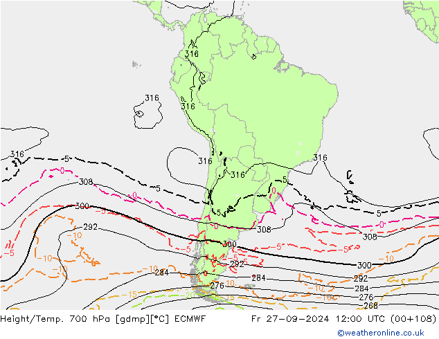 Height/Temp. 700 hPa ECMWF Fr 27.09.2024 12 UTC