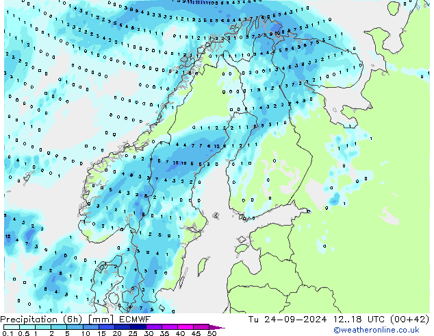 Totale neerslag (6h) ECMWF di 24.09.2024 18 UTC