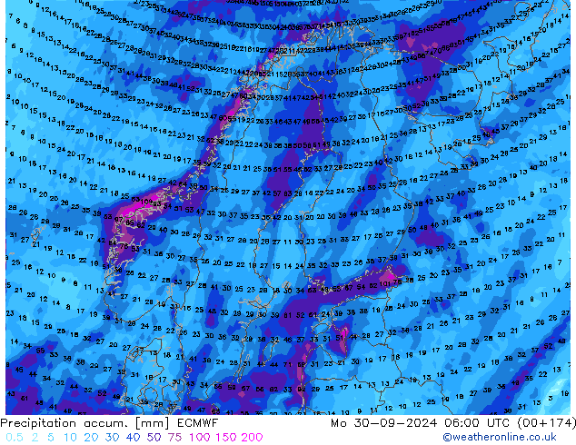 Precipitation accum. ECMWF Seg 30.09.2024 06 UTC