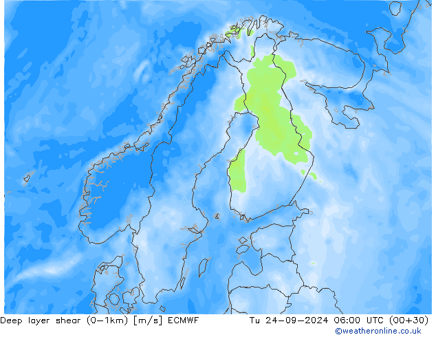 Deep layer shear (0-1km) ECMWF wto. 24.09.2024 06 UTC