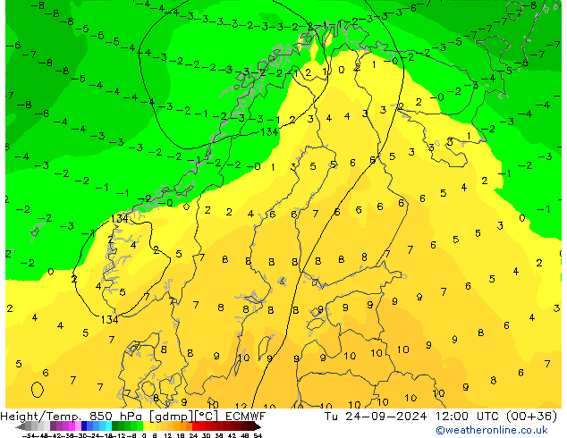 Z500/Rain (+SLP)/Z850 ECMWF Út 24.09.2024 12 UTC