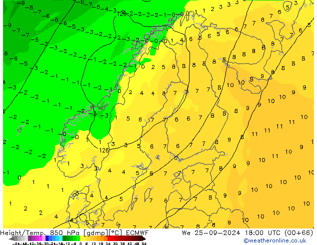 Hoogte/Temp. 850 hPa ECMWF wo 25.09.2024 18 UTC