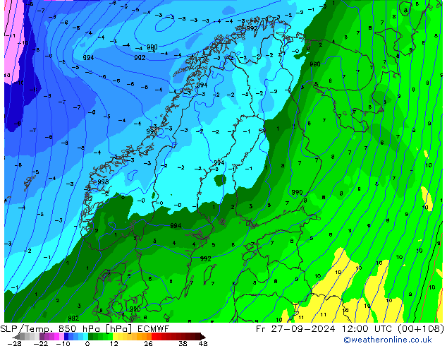 SLP/Temp. 850 hPa ECMWF Fr 27.09.2024 12 UTC