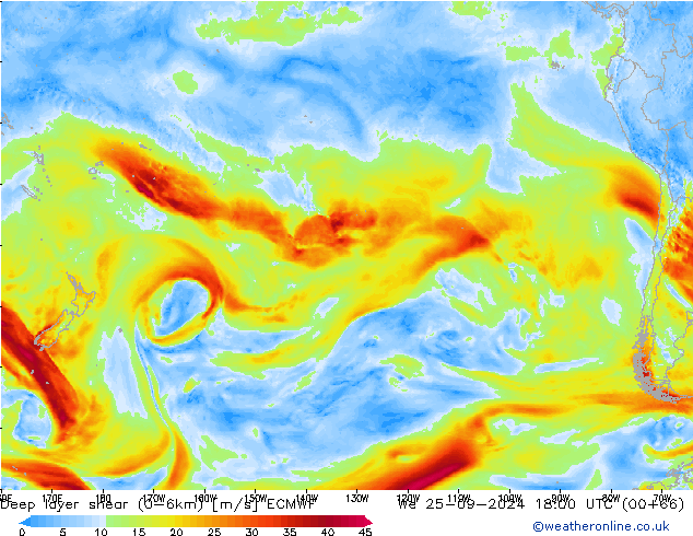 Deep layer shear (0-6km) ECMWF St 25.09.2024 18 UTC