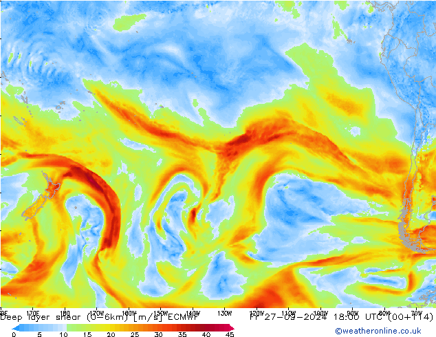 Deep layer shear (0-6km) ECMWF pt. 27.09.2024 18 UTC