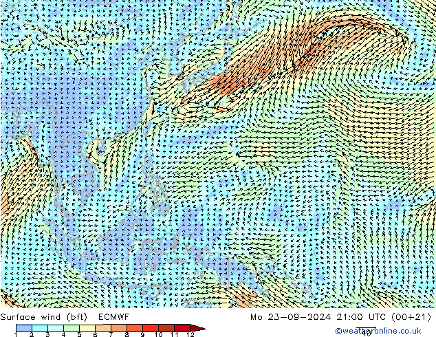 Surface wind (bft) ECMWF Po 23.09.2024 21 UTC