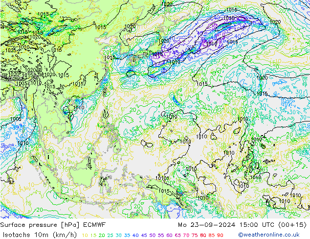 Isotachs (kph) ECMWF Mo 23.09.2024 15 UTC