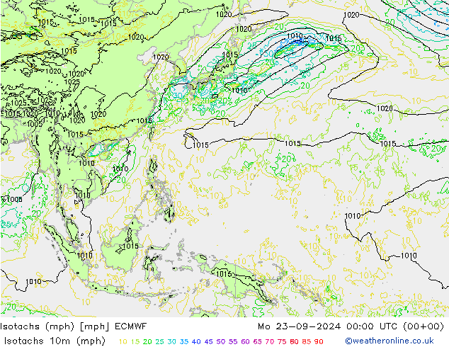 Isotachs (mph) ECMWF Mo 23.09.2024 00 UTC