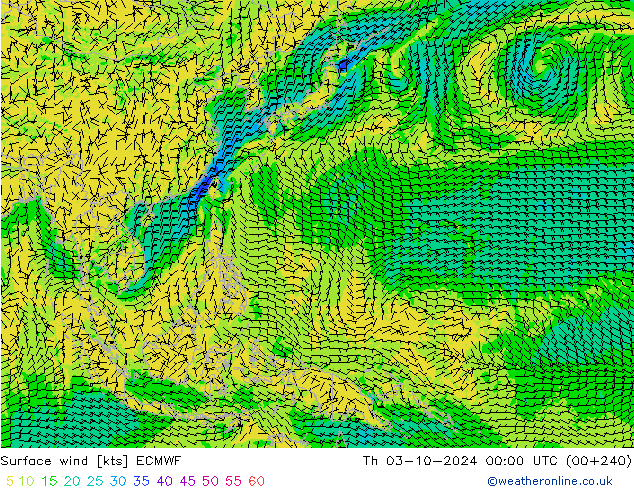 Vent 10 m ECMWF jeu 03.10.2024 00 UTC