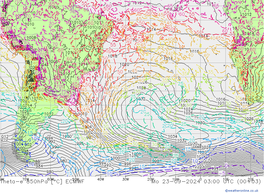 Theta-e 850hPa ECMWF Mo 23.09.2024 03 UTC