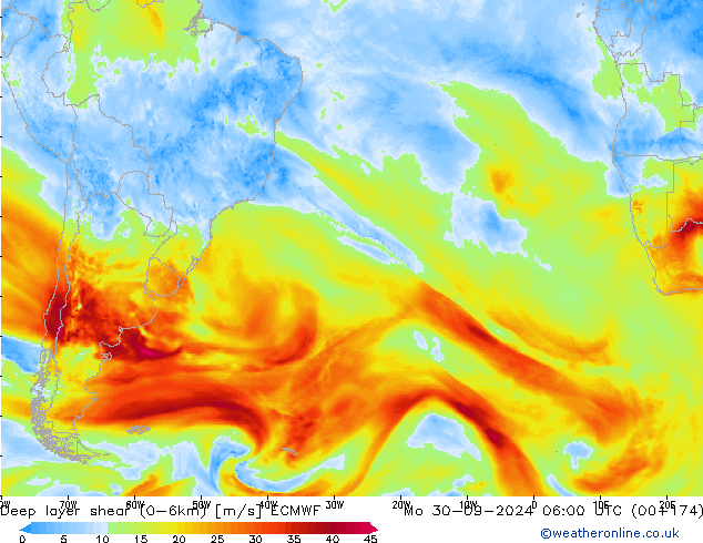 Deep layer shear (0-6km) ECMWF Mo 30.09.2024 06 UTC