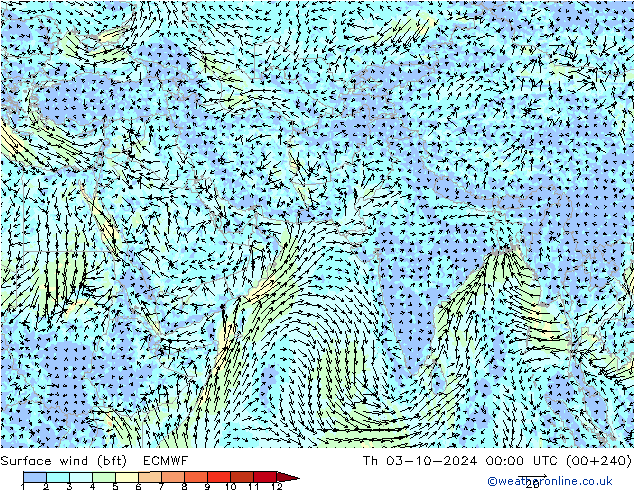  10 m (bft) ECMWF  03.10.2024 00 UTC