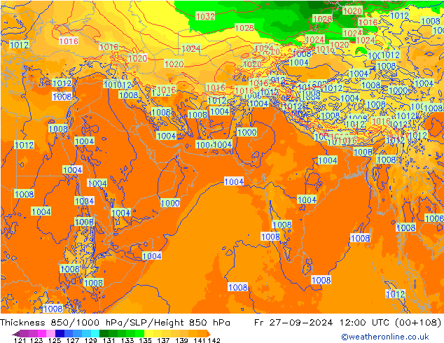 Dikte 850-1000 hPa ECMWF vr 27.09.2024 12 UTC