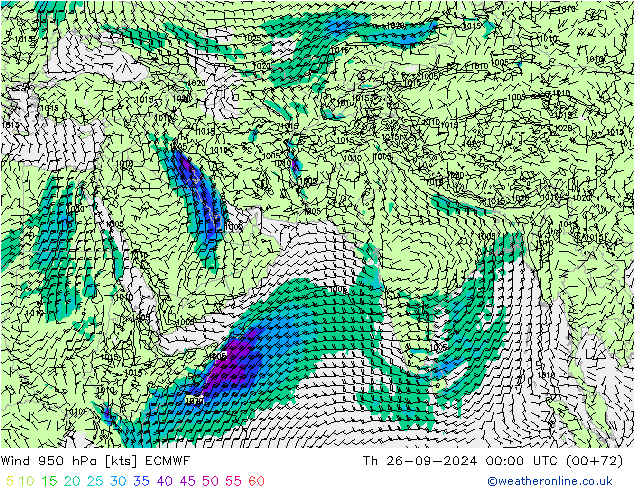 wiatr 950 hPa ECMWF czw. 26.09.2024 00 UTC