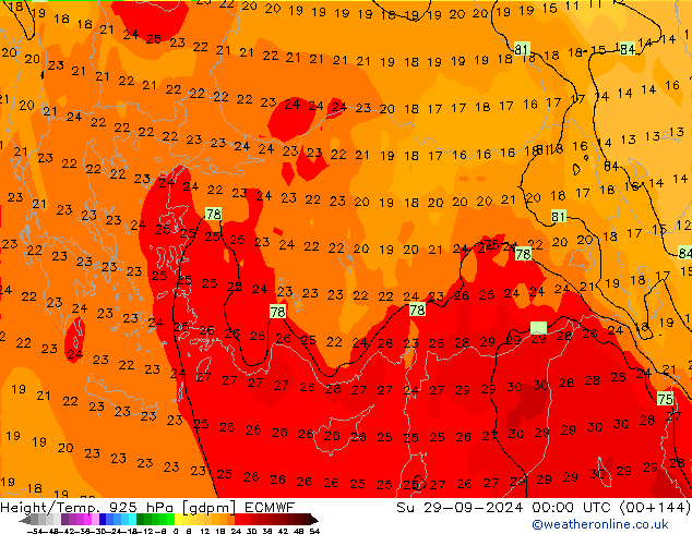 Height/Temp. 925 hPa ECMWF Ne 29.09.2024 00 UTC