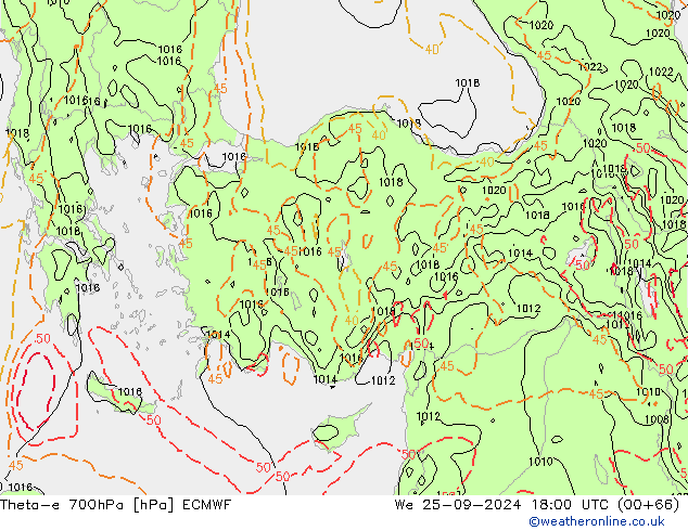 Theta-e 700hPa ECMWF mer 25.09.2024 18 UTC