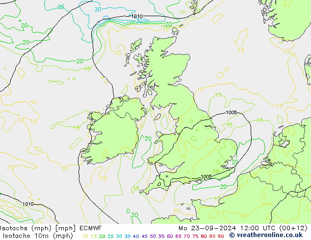 Isotachen (mph) ECMWF Mo 23.09.2024 12 UTC