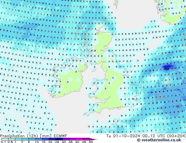 Précipitation (12h) ECMWF mar 01.10.2024 12 UTC