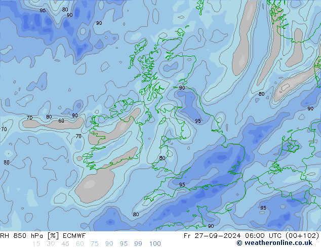 Humedad rel. 850hPa ECMWF vie 27.09.2024 06 UTC