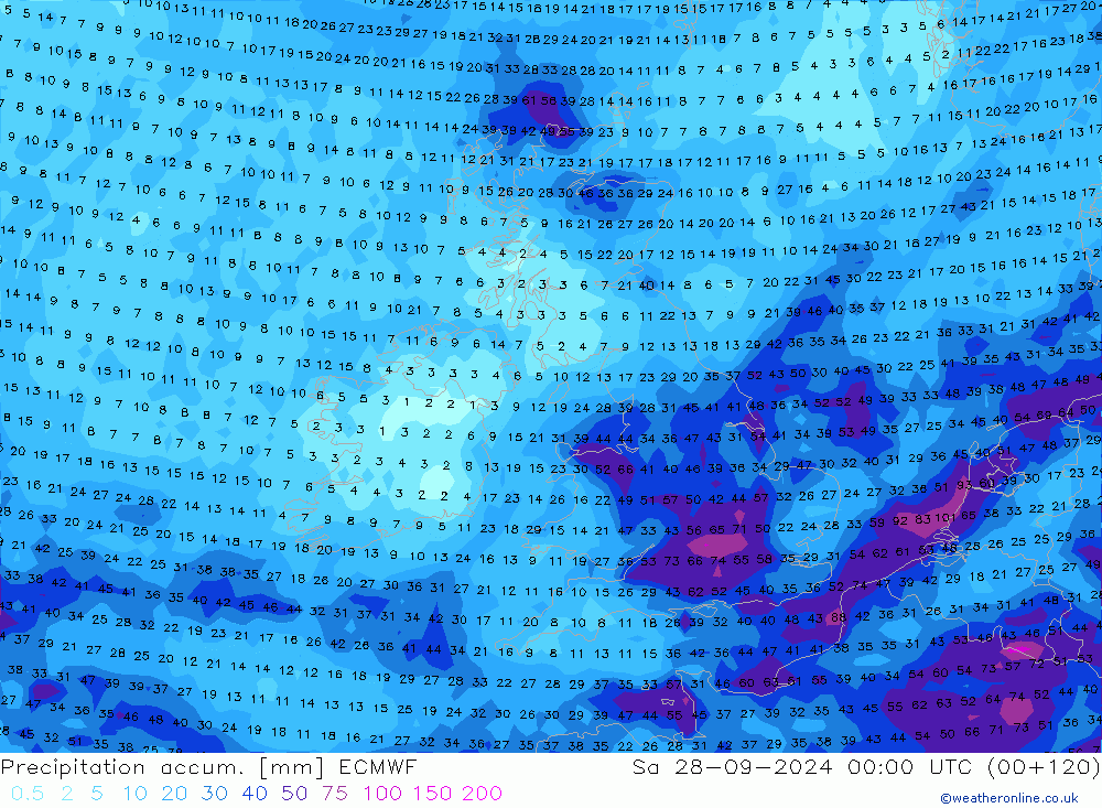 Precipitation accum. ECMWF Sa 28.09.2024 00 UTC