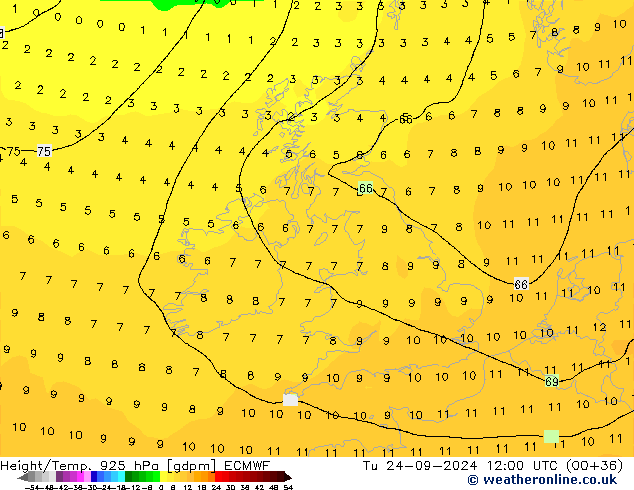 Height/Temp. 925 hPa ECMWF Tu 24.09.2024 12 UTC