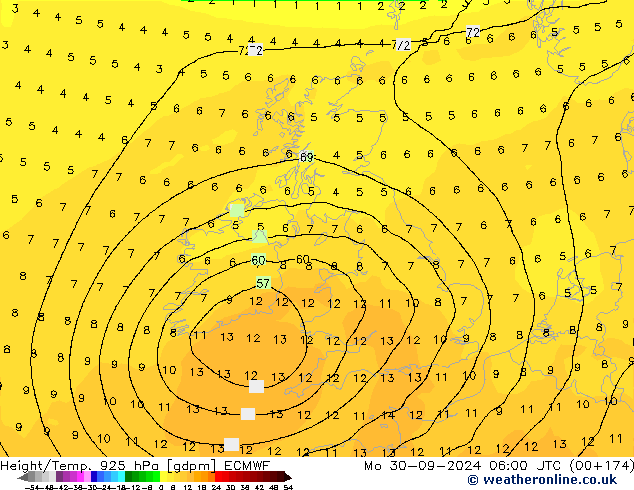 Yükseklik/Sıc. 925 hPa ECMWF Pzt 30.09.2024 06 UTC