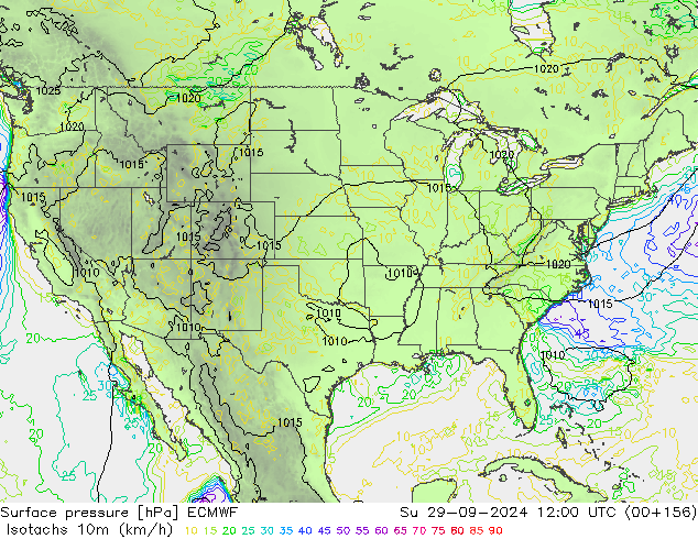 Isotachs (kph) ECMWF Вс 29.09.2024 12 UTC