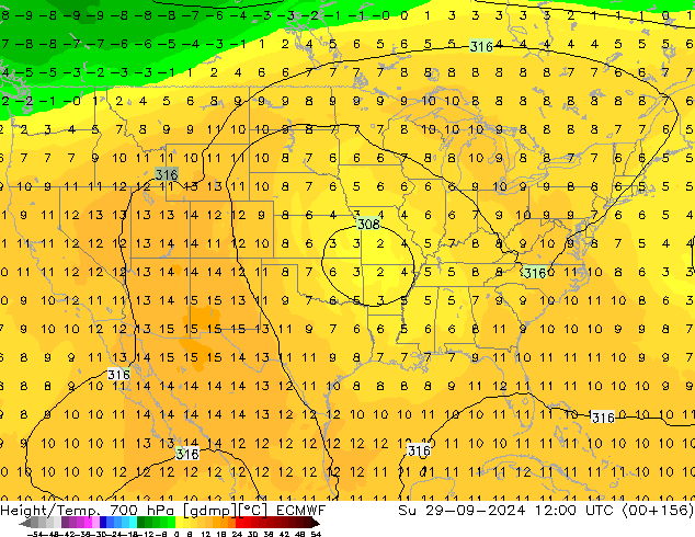 Height/Temp. 700 hPa ECMWF Su 29.09.2024 12 UTC