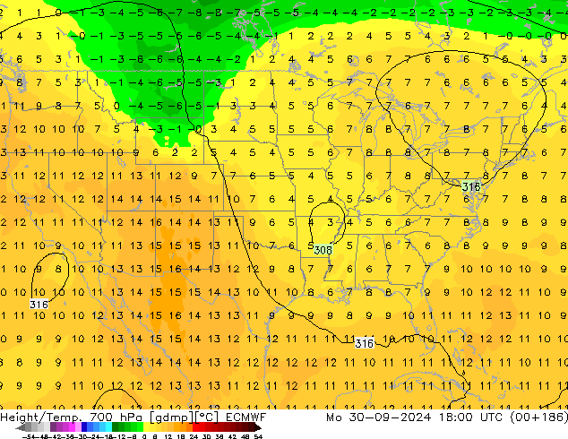 Height/Temp. 700 hPa ECMWF Mo 30.09.2024 18 UTC