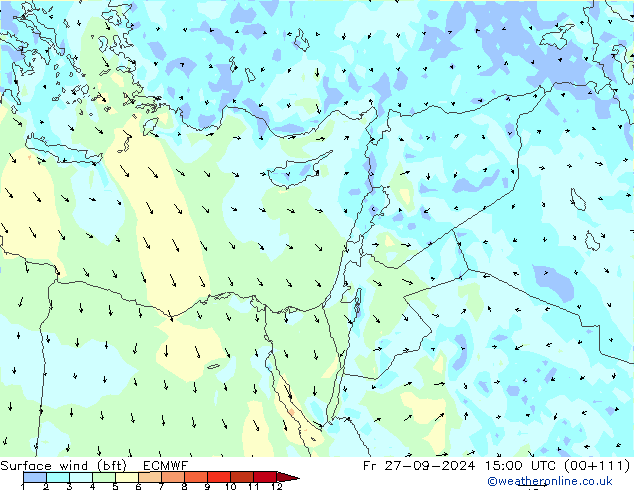 Rüzgar 10 m (bft) ECMWF Cu 27.09.2024 15 UTC