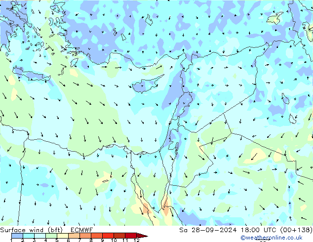 wiatr 10 m (bft) ECMWF so. 28.09.2024 18 UTC