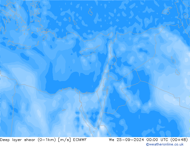 Deep layer shear (0-1km) ECMWF Qua 25.09.2024 00 UTC