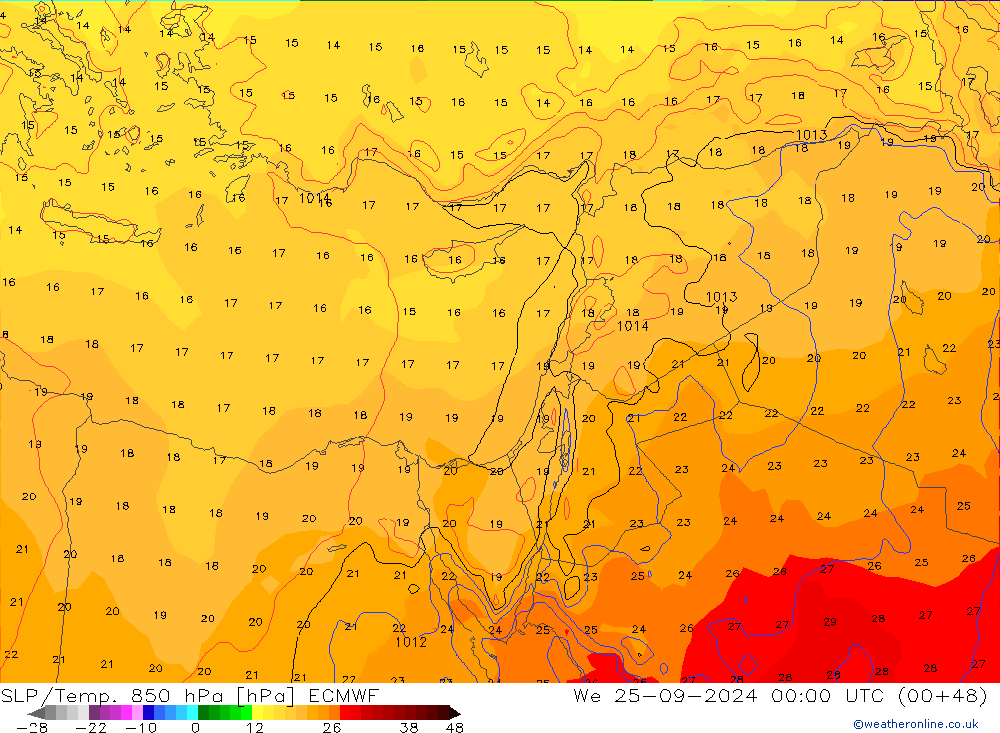 850 hPa Yer Bas./Sıc ECMWF Çar 25.09.2024 00 UTC