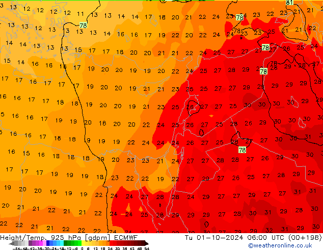 Height/Temp. 925 hPa ECMWF Út 01.10.2024 06 UTC