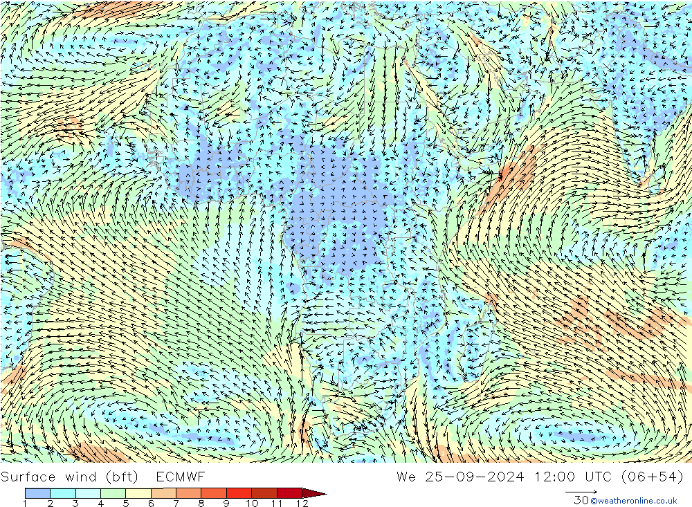 Surface wind (bft) ECMWF We 25.09.2024 12 UTC