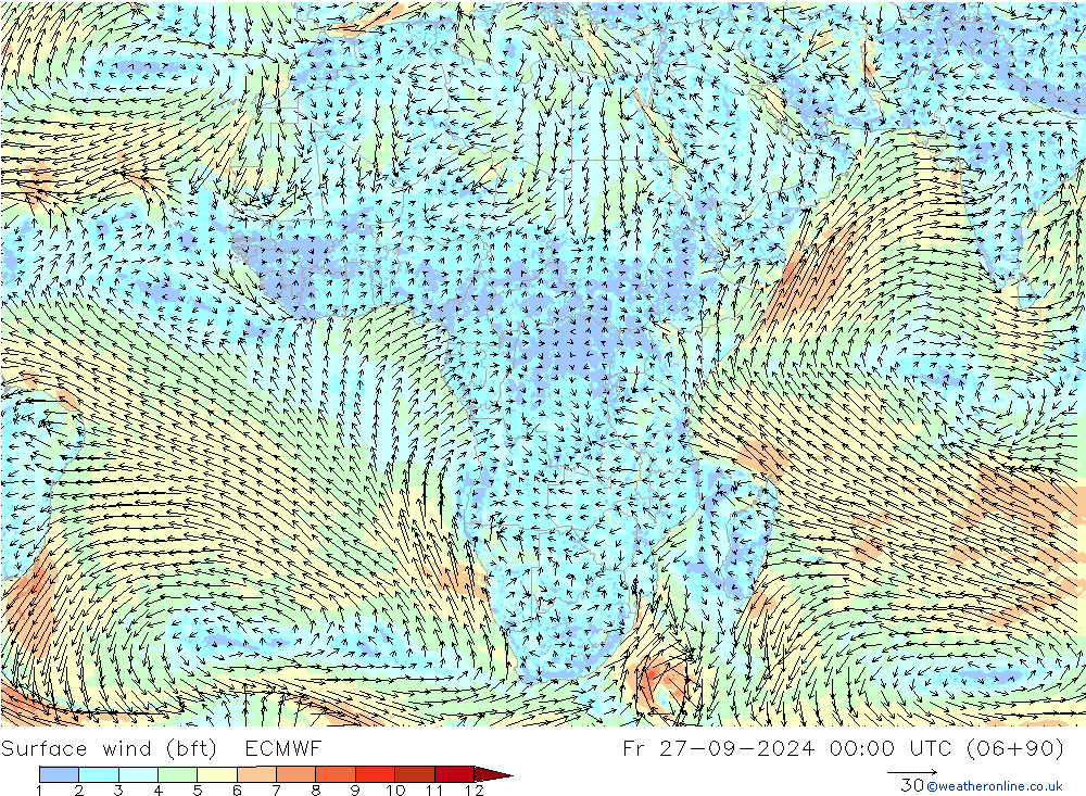 Vento 10 m (bft) ECMWF ven 27.09.2024 00 UTC