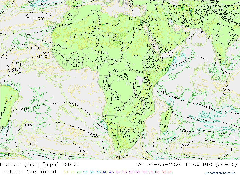 Isotachen (mph) ECMWF Mi 25.09.2024 18 UTC