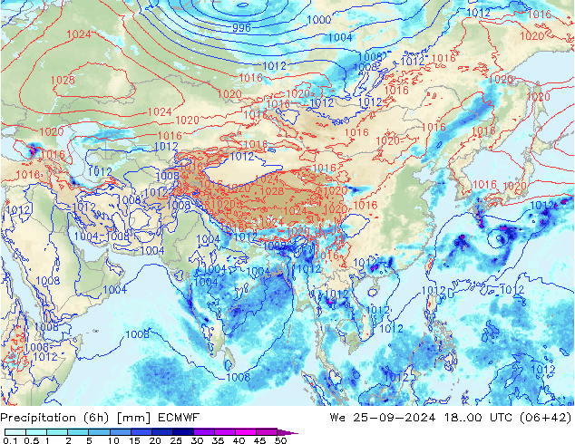 Totale neerslag (6h) ECMWF wo 25.09.2024 00 UTC