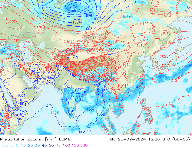 Precipitation accum. ECMWF pon. 23.09.2024 12 UTC