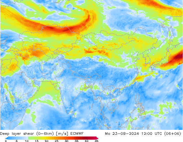 Deep layer shear (0-6km) ECMWF Pzt 23.09.2024 12 UTC