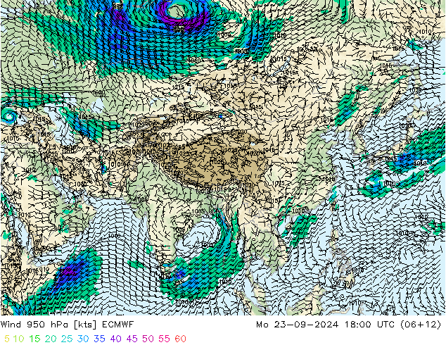 Prec 6h/Wind 10m/950 ECMWF  23.09.2024 18 UTC