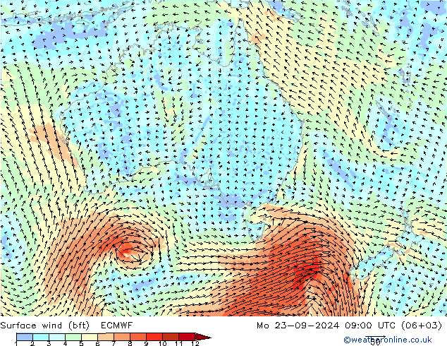 Vent 10 m (bft) ECMWF lun 23.09.2024 09 UTC