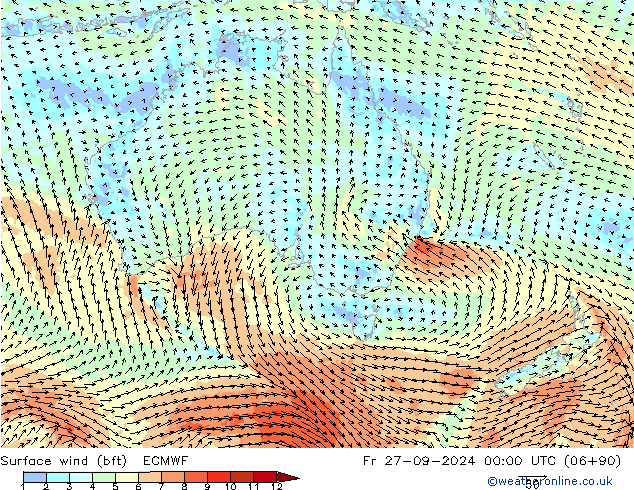 Rüzgar 10 m (bft) ECMWF Cu 27.09.2024 00 UTC